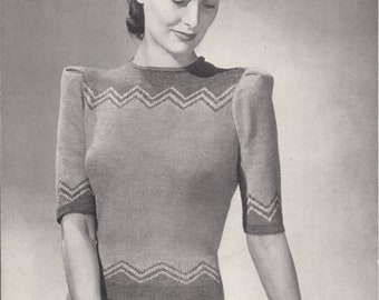 pdf 1940s LADIES&#39; SWEATER PATTERN, wartime ladies&#39; short-sleeve jumper, 3 ply, 34 inch, lady&#39;s vintage knitted jumper pattern, Patons no 962