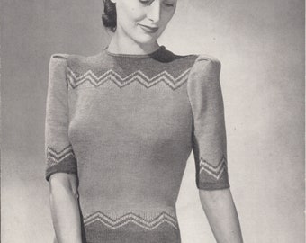 pdf 1940s LADIES' SWEATER PATTERN, wartime ladies' short-sleeve jumper, 3 ply, 34 inch, lady's vintage knitted jumper pattern, Patons no 962