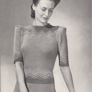 pdf 1940s LADIES&#39; SWEATER PATTERN, wartime ladies&#39; short-sleeve jumper, 3 ply, 34 inch, lady&#39;s vintage knitted jumper pattern, Patons no 962