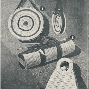 May include: A vintage crochet pattern booklet featuring three different handbag designs. The cover shows a black and white photo of the crocheted bags. The title reads "HANDBAGS IN CROCHET" and the booklet number is "LEAFLET NO. III."