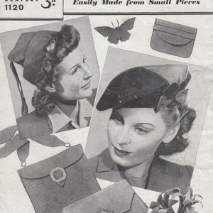pdf 1940S PURSE and HAT PATTERN, vintage leather satchel pattern, wartime fez cap pattern, 1940s beret pattern, Bestway 1120, leather bag