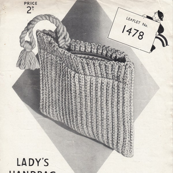 pdf 1940s crochet bag pattern, lady's handbag pattern, women's purse pattern, Copley's pattern no 1478, zipper bag, clutch bag