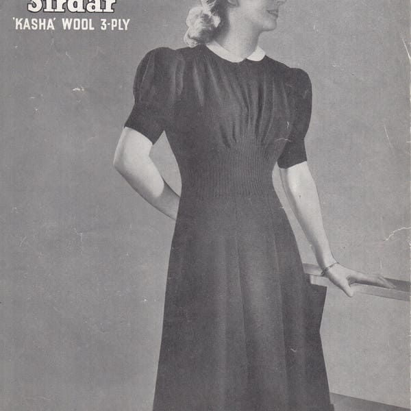 pdf, modèle de robe en tricot de dame des années 1940, buste de 34 pouces, 3 plis, Sirdar no. 1020, modèle de robe tricotée en temps de guerre, tricot des années 1940,