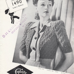 pdf 1940s LADIES&#39; BOLERO knitting pattern, 34 inch, Copley&#39;s &quot;Cryscelle&quot; pattern 1490, ladies&#39; cardigan pattern, wartime sweater pattern