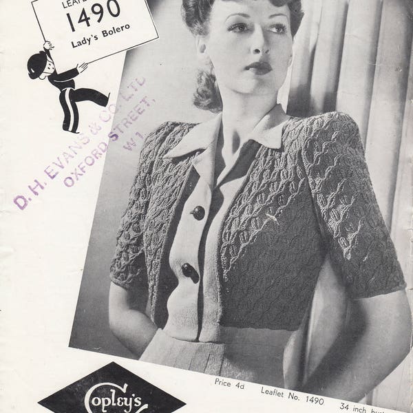 pdf 1940s LADIES' BOLERO knitting pattern, 34 inch, Copley's "Cryscelle" pattern 1490, ladies' cardigan pattern, wartime sweater pattern