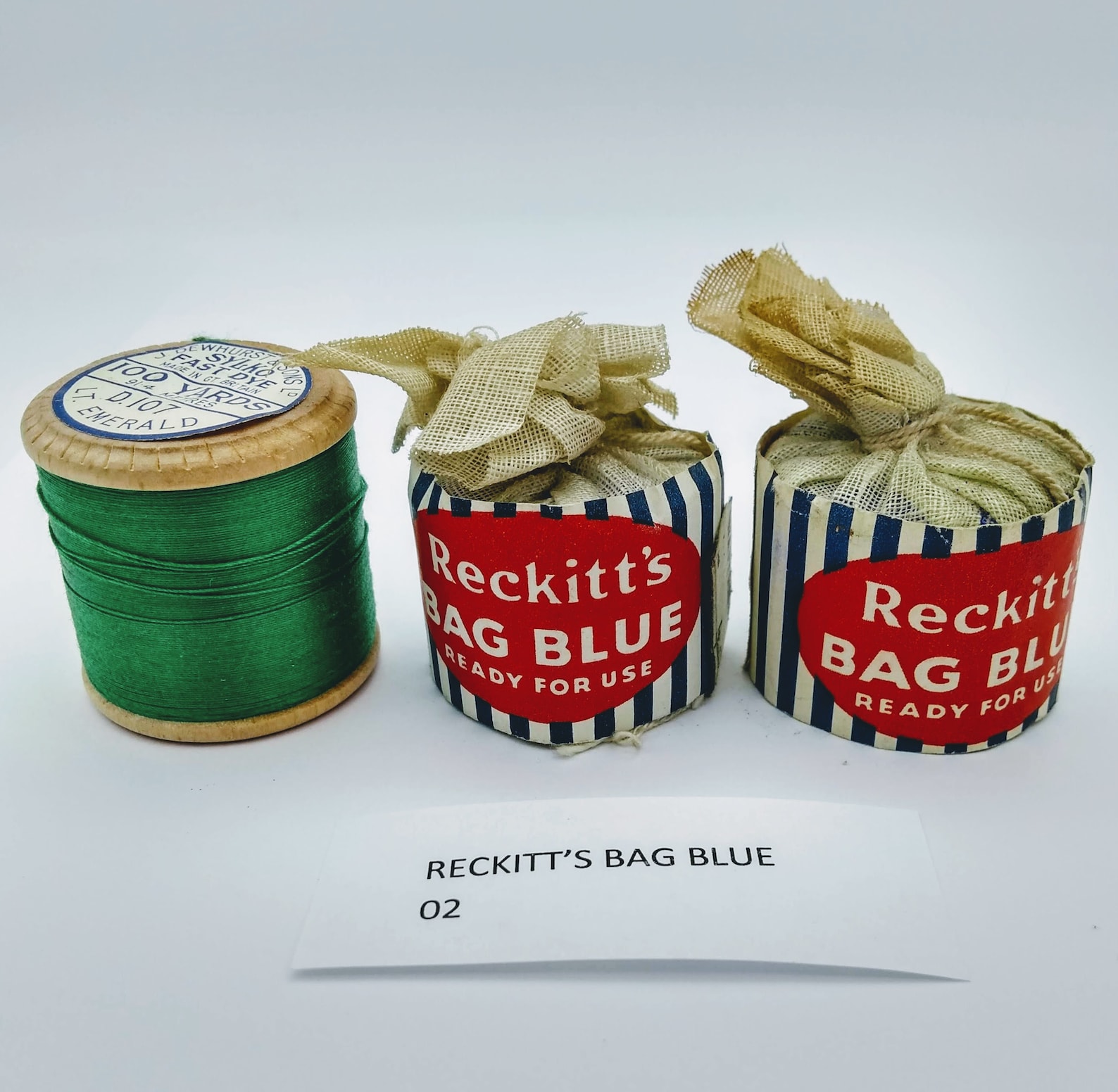 Reckitt's Blue bags, with spool of thread for scale (photo HildasHomeUK, etsy.com)