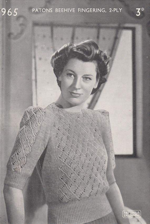 pdf 1940s LADY'S SWEATER PATTERN lady's vintage jumper knitting pattern, 36  inch, ply fingering, wartime sweater pattern