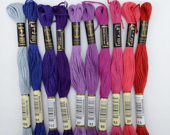 ANCHOR EMBROIDERY THREAD, 6 stranded embroidery thread, pink embroidery floss, cross stitch thread, purple embroidery thread, blue thread