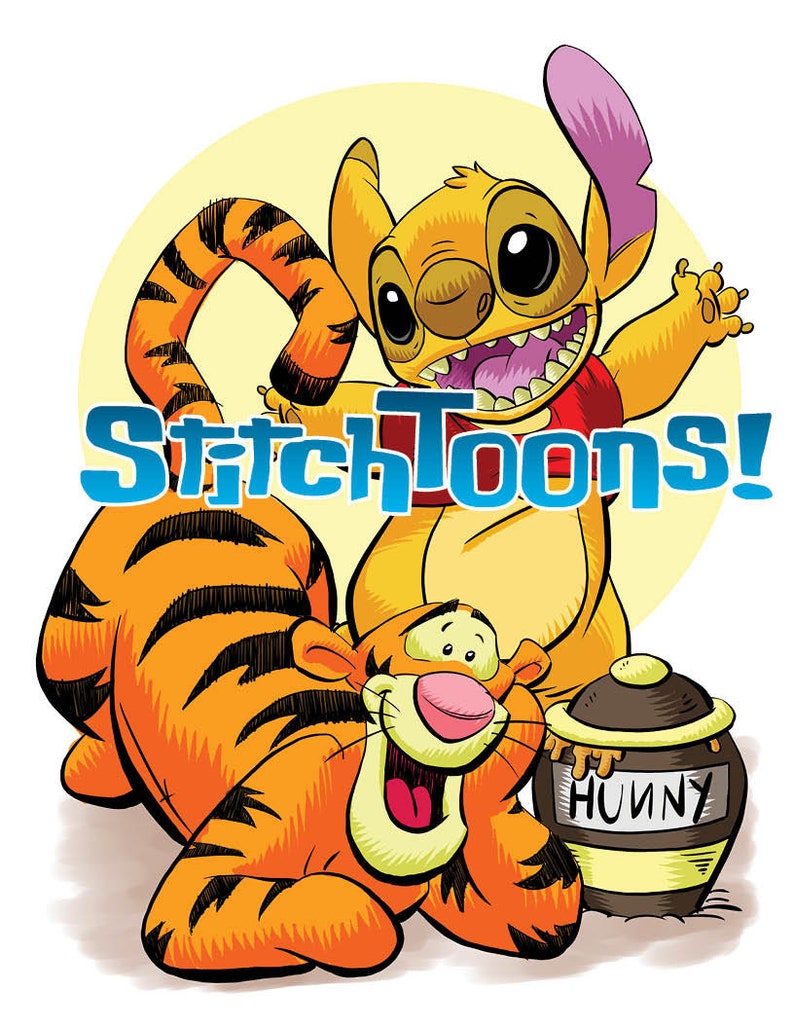 Stitch dressed as Winnie the Pooh with Tigger Parody Fan Art Etsy