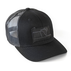 May include: Black trucker hat with a black mesh back and a black embroidered patch of the state of Pennsylvania with a lightning bolt inside.