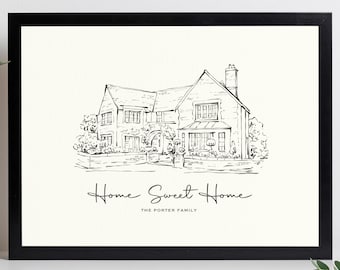 New Home Gift, New Home Sketch, Unique House Warming Gift, House Sketch, Sketch of House, Illustration of House, New Home Drawing