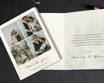 Four Photo Wedding Thank You Cards, Personalised Folded A6 Cards with Envelope
