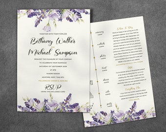 Lavender Wedding Invitation, Purple Wedding Invitations, Wildflower Wedding Invites, Wild Flower, Timeline Wedding Invite, Guest Information