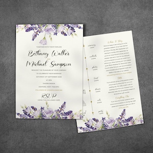 Lavender Wedding Invitation, Purple Wedding Invitations, Wildflower Wedding Invites, Wild Flower, Timeline Wedding Invite, Guest Information