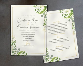 Greenery Wedding Invitation, Eucalyptus Wedding Invite, Floral Wedding Invites, Wedding Invitations Rustic, Evening, Menu, Green, RSVP, Gold