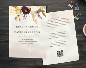 Dried Flowers Wedding Invitations, Autumn Wedding Invitations, Burgundy Flowers Wedding Invitations, Pampas Wedding Invitations