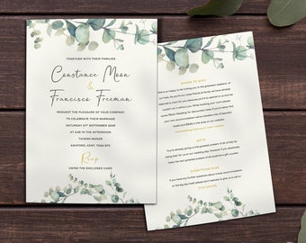 Eucalyptus Wedding Invitation, Sage Green Botanical Single Card, Personalised Watercolour Invite