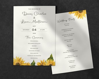 Sunflowers Wedding Program, Wedding Programme, Order Of The Day Cards, Wedding Itinerary Card, Wedding Ceremony Card, Order Of Service