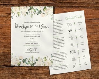 White Floral Wedding Invitation, Rose Wedding Invite, Wedding Invitations Rustic, Greenery Wedding Invites, Wedding Invitation With Timeline