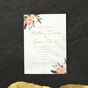 FEUILLE D’OR | Invitations de mariage | | floral rustique Invitations de mariage Gold Foil, Invitations de mariage élégantes, Invitations de mariage personnalisées