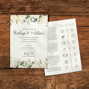 White Floral Wedding Invitation, Rose Wedding Invite, Wedding Invitations Rustic, Greenery Wedding Invites, Wedding Invitation With Timeline