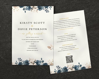 WEDDING INVITATION | Navy Blue Flowers | Dusty Blue Wedding