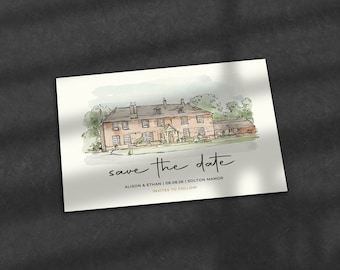 Venue Illustration Save The Date, Save The Date Venue Sketch, Save The Date Venue Illustration, Venue Save The Date Save The Dates, Colour