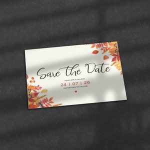 Autumn Save The Date, Fall Save The Dates, Orange Save The Date Cards, Leaves, Wedding Save The Date, October Wedding, Dried Leaves, Brown