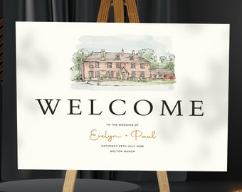 Colour Venue Illustration Welcome Sign Wedding, Venue Sketch Wedding Welcome Sign, Wedding Welcome Board, Wedding Sign, Welcome Guests Sign