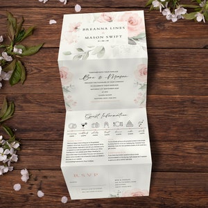 All In One Wedding Invitation, Wedding Invites Floral, Wedding Invitations Concertina, Tri Fold, Trifold Invitation, Blush Floral, Timeline