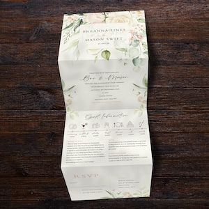 Bouquet Wedding Invitation, Eucalyptus Wedding Invite, Floral Wedding Invites, Wedding Invitations Rustic, White Rose, RSVP, All In One, Tri