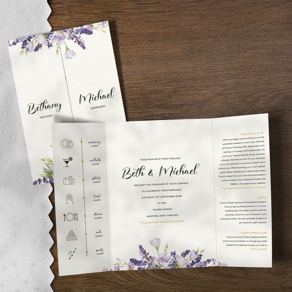 Lavender Wedding Invitations, Wedding Invites Purple, Wildflower Wedding Invitation, Wild Flower, Wedding Invite Floral, With Menu, Timeline