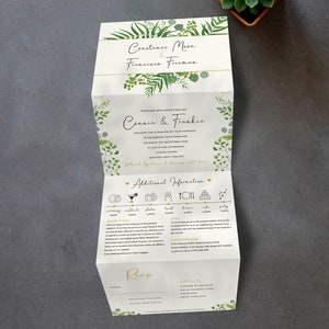 Greenery Concertina Wedding Invitations. Trifold Wedding Invites. All in one invitations for wedding celebrations.