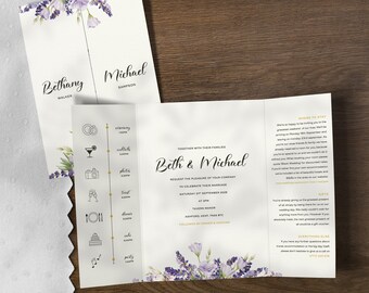 Lavender Wedding Invitations, Wedding Invites Purple, Wildflower Wedding Invitation, Wild Flower, Wedding Invite Floral, With Menu, Timeline