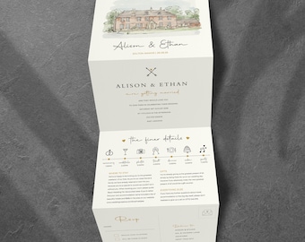Watercolour Venue Wedding Invitation, Concertina All-In-One Invite, Hand Painted Stationery
