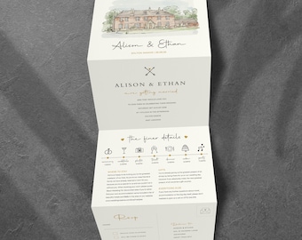 All In One Venue Watercolor Wedding Invitation, Venue Drawing Invitation, Wedding Invitations With Venue Sketch, Wedding Venue Sketch