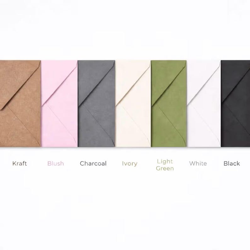 May include: A row of colorful envelopes in various shades, including Kraft, Blush, Charcoal, Ivory, Light Green, White, and Black. Each envelope is displayed with its corresponding color name below.