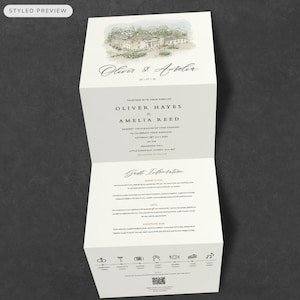 Puede incluir: Una invitación de boda plegada con una ilustración de acuarela de un edificio señorial en la parte superior. La invitación incluye los nombres "Oliver & Amelia" y detalles sobre la ceremonia y la recepción.