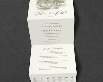 Watercolour Venue Wedding Invitation, Concertina All-In-One Invite, Hand Painted Stationery