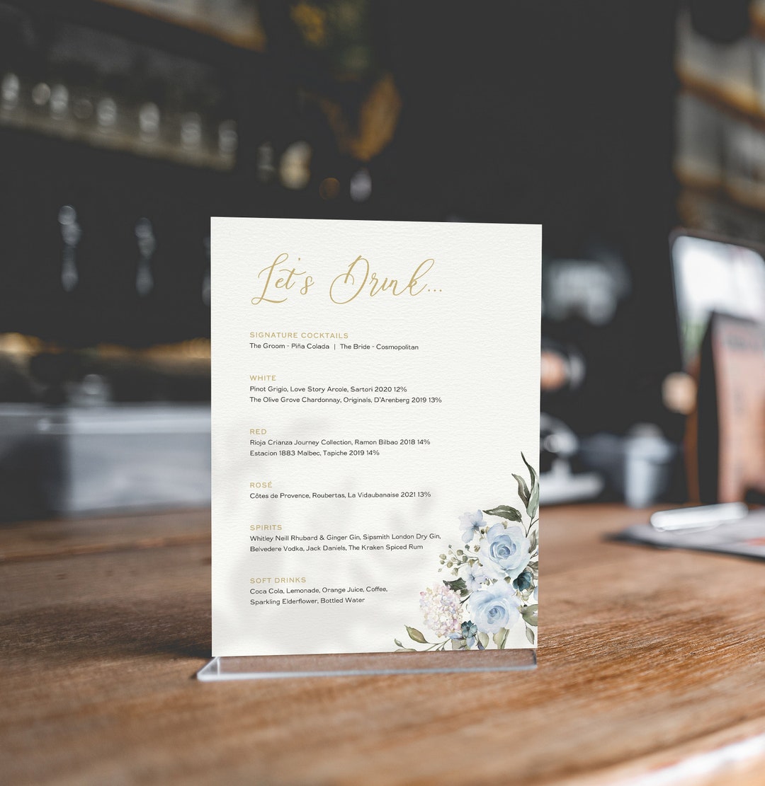 BAR MENU Blue Roses Bar Menu Sign Wedding Wedding Bar Etsy