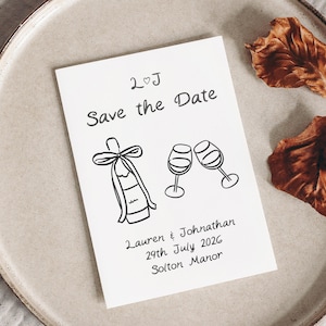 Sketch Champagne Save the Date – handgetekende A6-kaart met C6-envelop, gepersonaliseerd bruiloftsontwerp