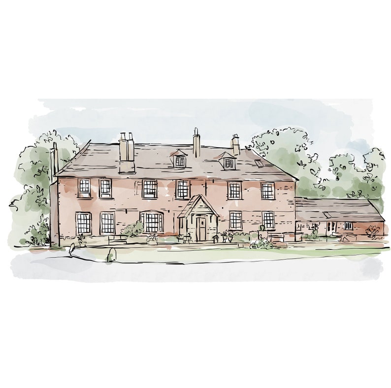 a beautifully detailed venue sketch, finished with delicate watercolour.