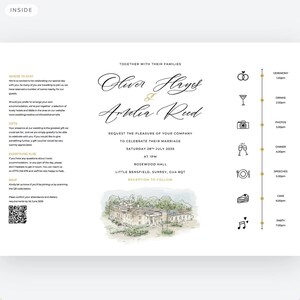 May include: A wedding invitation with a cream background. The invitation features the names "Oliver Hayes" and "Amelia Reed" in elegant script. A watercolor illustration of a building is at the bottom. The timeline includes ceremony, drinks, photos, dinner, speeches, cake, and party.