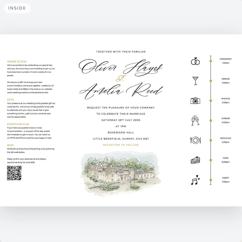 May include: A wedding invitation with a cream background. The invitation features the names "Oliver Hayes" and "Amelia Reed" in elegant script. A watercolor illustration of a building is at the bottom. The timeline includes ceremony, drinks, photos, dinner, speeches, cake, and party.