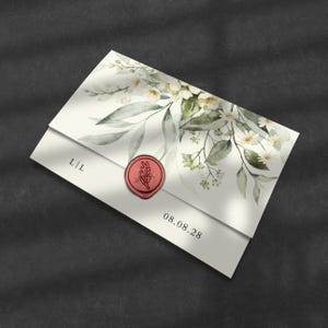 Wild Bloom Wallet Fold Wedding Invitations with Burnt Orange Wax Seal | Elegant Botanical Stationery Set