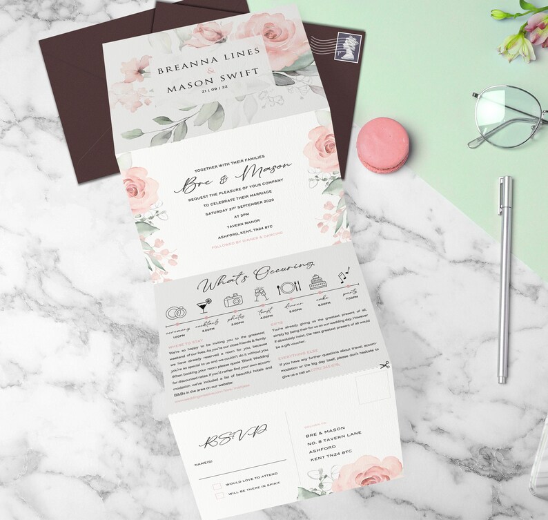 All In One Wedding Invitation, Wedding Invites Floral, Wedding Invitations Concertina, Tri Fold, Trifold Invitation, Blush Floral, Timeline All In One Wedding Invitation, Wedding Invites Floral, Wedding Invitations Concertina, Tri Fold, Trifold Invitation, Blush Floral, Timeline
