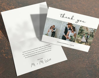 Three Photo Wedding Thank You Cards, Personalised Folded A6 Cards with Envelope