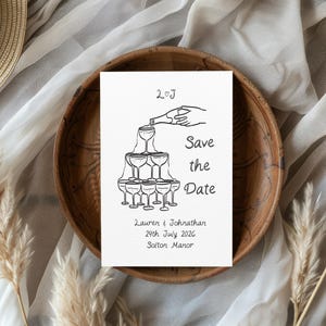 Torre de Champanhe - Reserve a Data - Cartão de Casamento A6 Desenhado à Mão com Envelope C6, Design Divertido e Personalizado