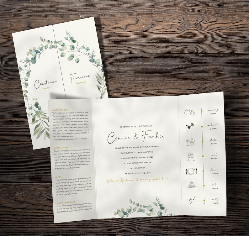 Eucalyptus Gatefold wedding invitations with order of the day timeline. Perfect for day wedding invitations and evening invitations.