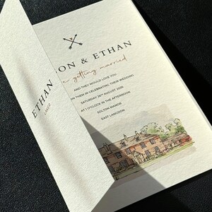 May include: A wedding invitation with the names "ON & ETHAN" and the words "getting married" in a handwritten style. The invitation includes the date, time, and location of the wedding, along with a watercolor illustration of a building.